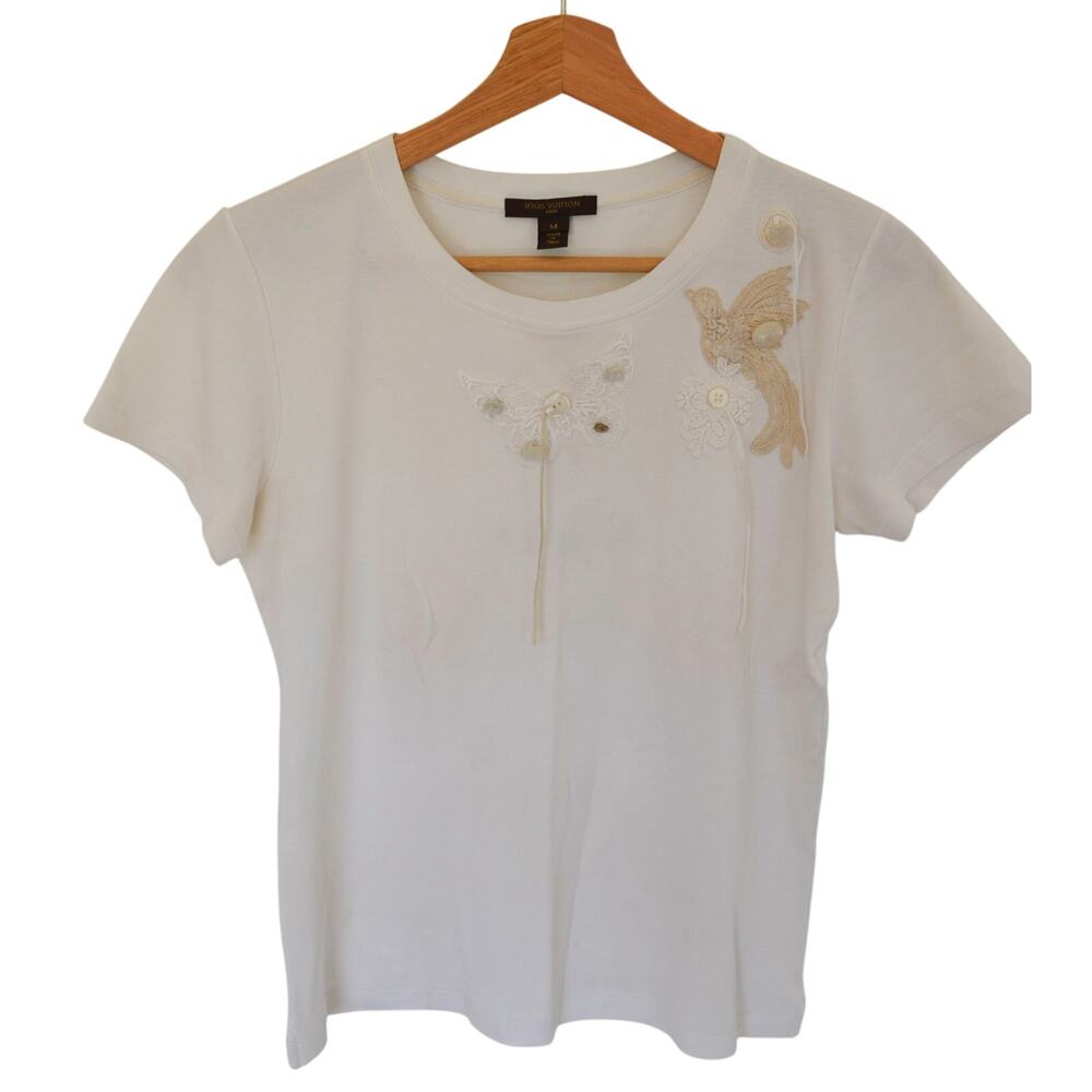 Louis Vuitton White Cotton Lace Applique Short Sleeve T-Shirt